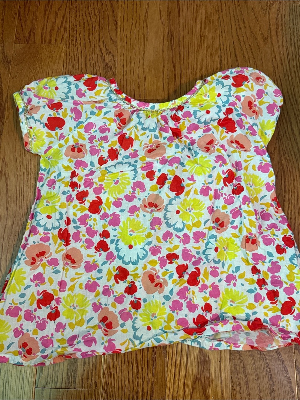 Mini Boden Girls Floral Puff-Sleeve Top - Pink, Yellow & Red 6/7